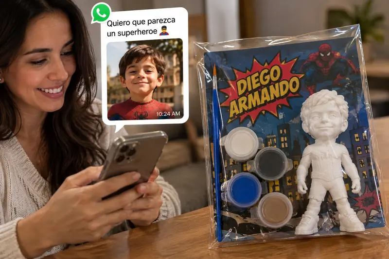 Una mamá manda por WhatsApp la foto de su hijo vestido de superhéroe, y al lado está el kit con la figura del niño impresa en 3D, lista para pintar.